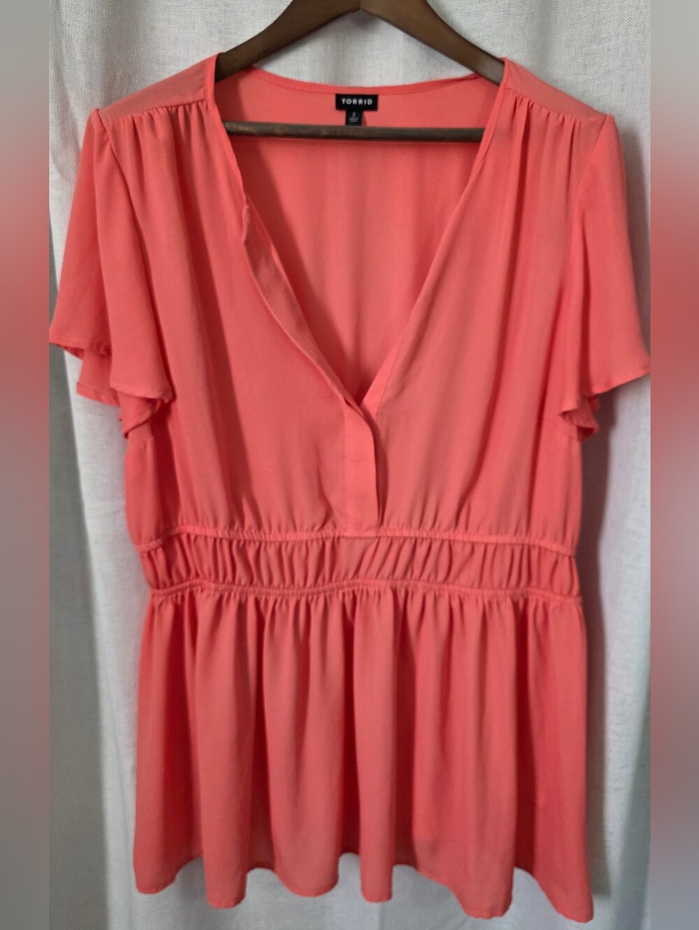 Torrid Coral Pink Chiffon Peplum Blouse Flutter Sleeve V-Neck Plus Size
